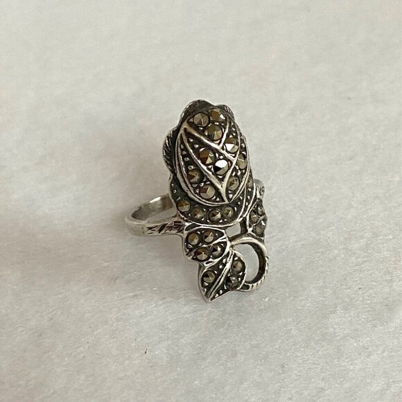 VTG Sterling Silver 925 Art Deco Style Marcasite Flower Rose Ring Sz 5.75 - Picture 4 of 16